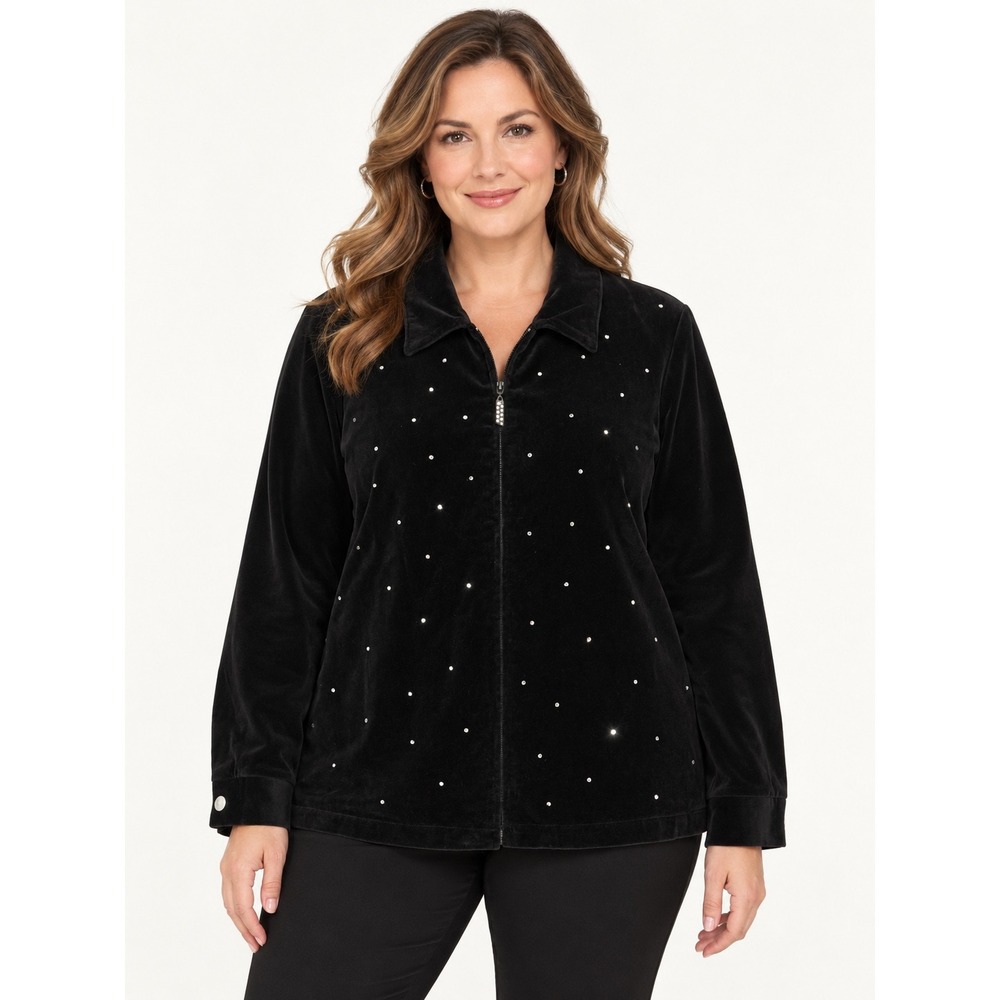 Quacker Factory Womens Black Velour Rhinestone Zip Up Jacket Small Cotton Small